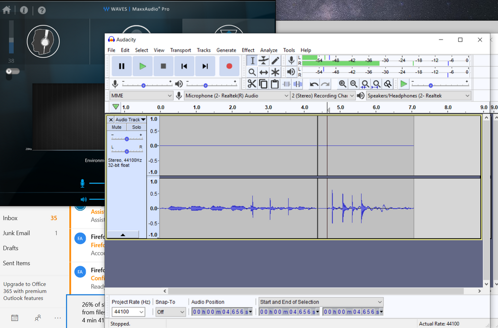 Microphone input into Audacity with MaxxAudio disabled (right channel works - left channel only noise)