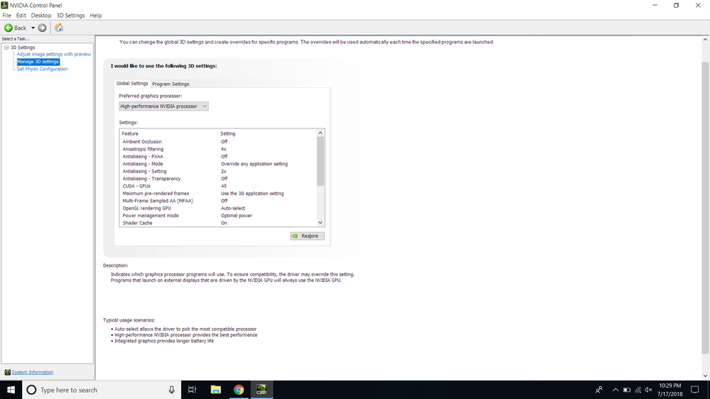 global settings set to nvidia