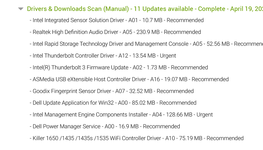 Here is the list of drivers I was prompted to install after I used support assist to scan my device.
