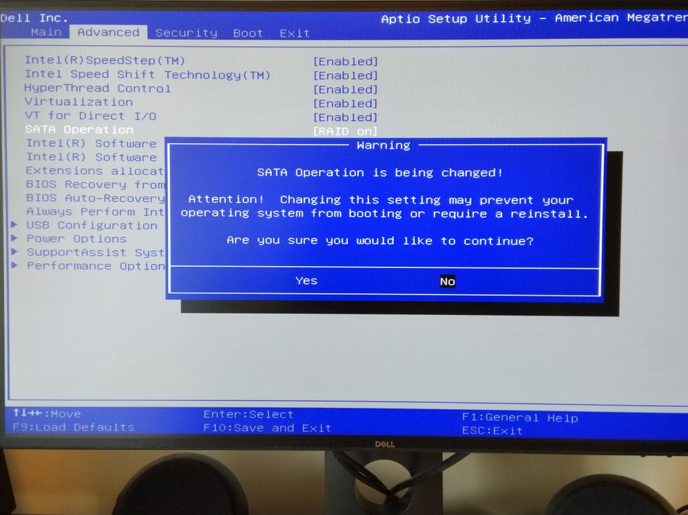 BIOS message that appears when selecting AHCI