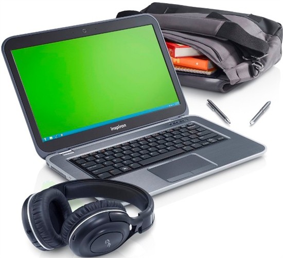 Dell Inspiron 14z Ultrabook with headphones and backpack