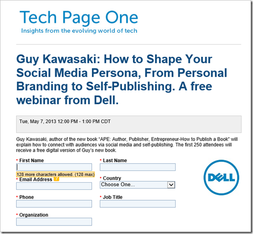 Guy Kawasaki Webinar registration - Dell Tech Page One