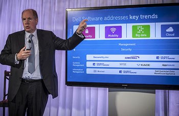 John Swainson standing by screen with Dell Software key trends slide
