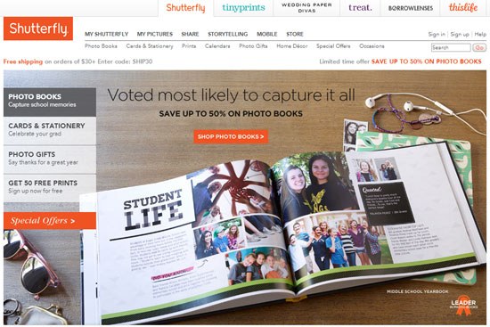 Screenshot of the home page of Shutterfly's web site