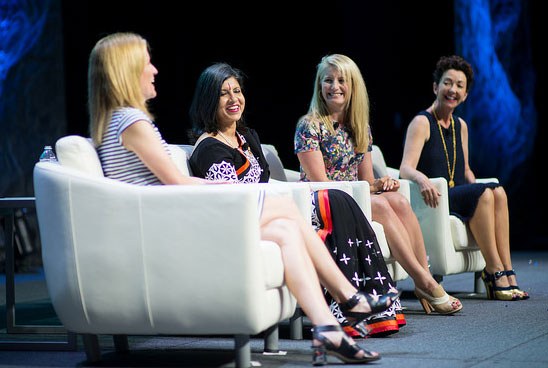 Four women seated on stage at DWEN - Dell Women's Entrepreneur Network conference