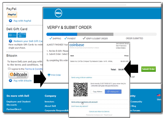 Screenshots of the checkout process with bitcoin on dell.com