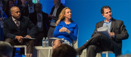 Michael Dell, Elizabeth Gore and Daymond John judging the startup pitch slam at Dell World 2013