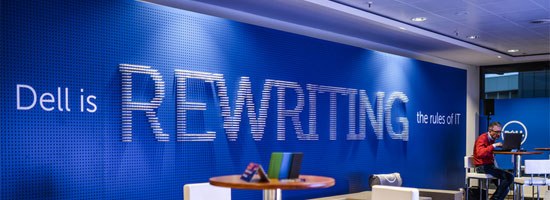 Blue wall with white writing: Dell is rewriting the rules of IT
