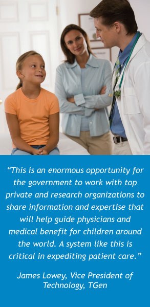 photo of doctor with child patient and parent above quote from TGen executive