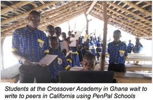 Students at the Crossover Academy in Ghana wait to write to peers in California using PenPal Schools