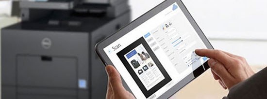 man using dell document hub software on a tablet to print wireless