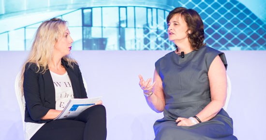 Dell EIR Elizabeth Gore and Cherie Blair chat on stage at Dell Women's Entrepreneur Network (DWEN) event in Berlin, June 29, 2015
