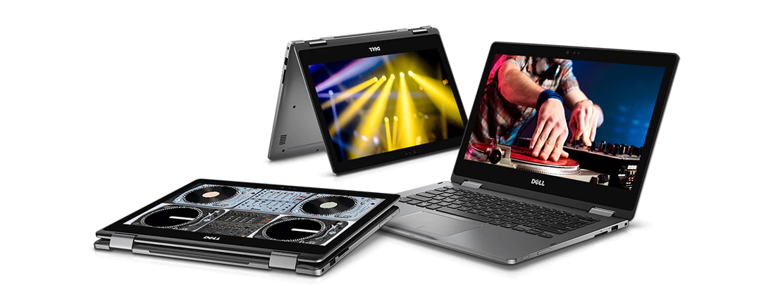 Dell Inspiron 13 two-in-one laptop shown in three different positions