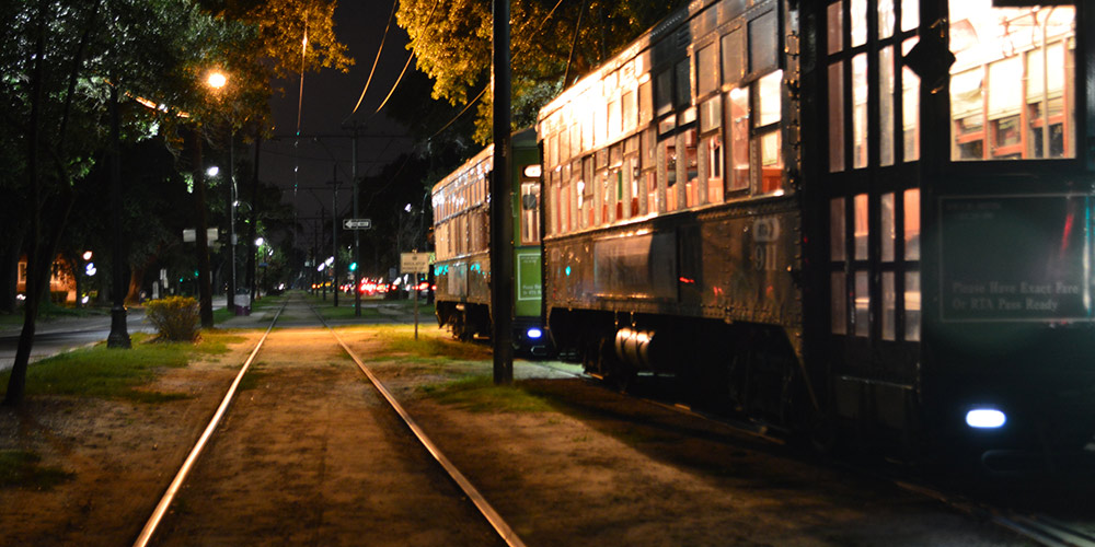 New Orleans street car and track at night