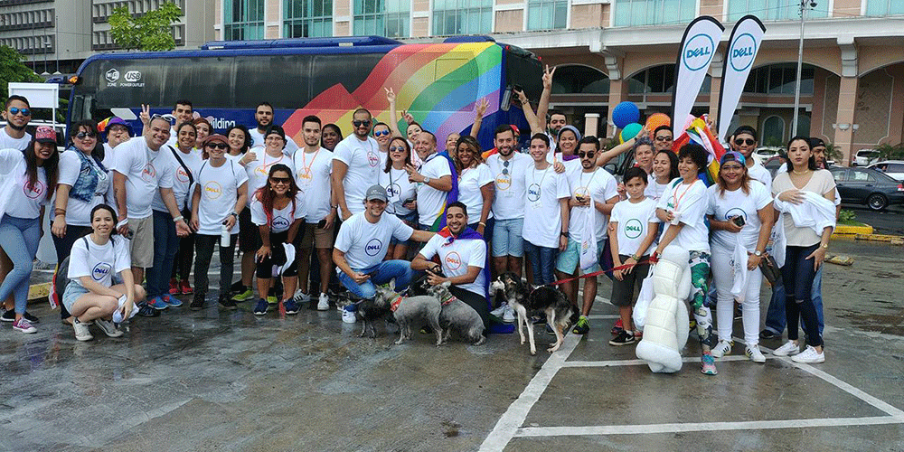 group of dell employees at a pride event