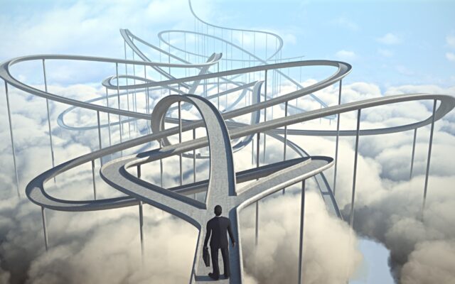 Digital illustration of businessperson determining the best path forward.