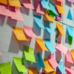 Whiteboard covered with colorful post it notes.