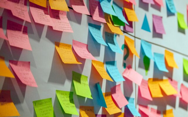 Whiteboard covered with colorful post it notes.