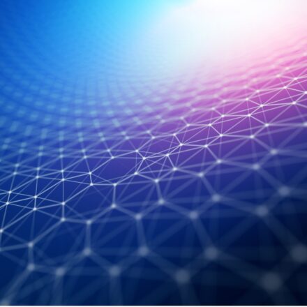 Digital illustration of web network in hexagonal grid, in shares of dark blue, light blue, tinges of pink and white.