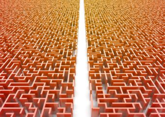 A clear path through the center of a maze with red walls on either side of the path.