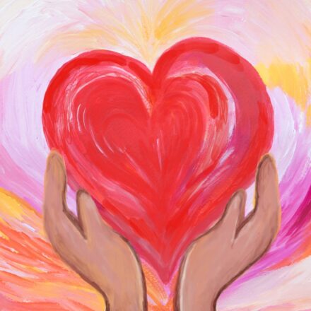 Artistic rendering of two hands holding a red heart. Artwork in mixed media acrylic.