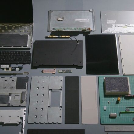 Various computer components laid out on a table.