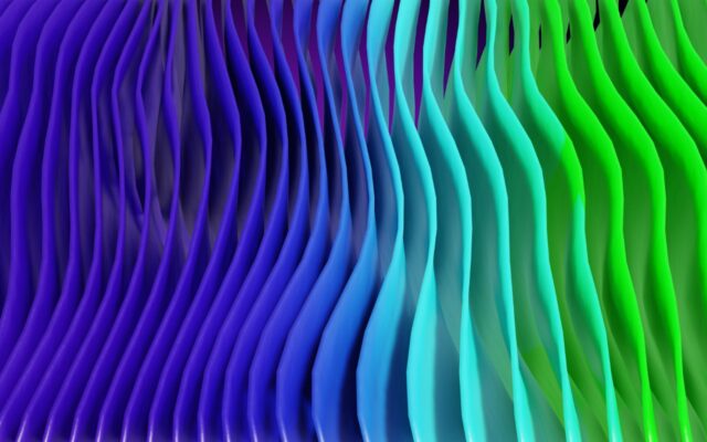 3D rendeing of purple, teal, and green abstract waves, in a vertical orientation.