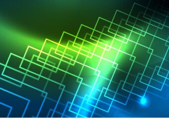 Abstract technology background with neon green and dark blue colors against a black background.