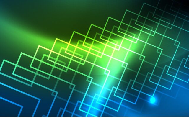 Abstract technology background with neon green and dark blue colors against a black background.