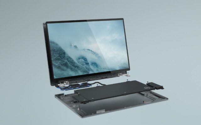 Front angle image of Dell Technologies Concept Luna system in a disassembled view.