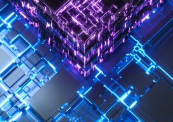 Digital illustration of a close up section of a circuit board, in blue and purple colors.