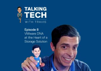 Talking Tech with Travis Episode 8 Graphic - with Travis holding the runner bobblehead.