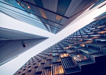 View from street level towards the sky in London's financial district.