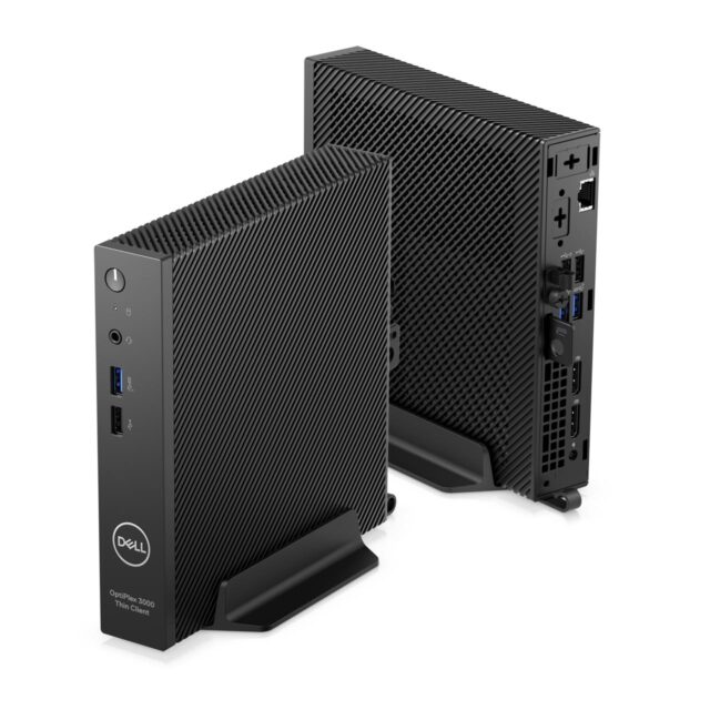 Dell Optiplex 3000 thin client models, each facing at different angles to show front and back of client.