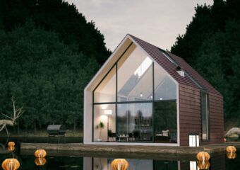 A modern design lakehouse floating just above the water surface, with lanterns floating nearby, representative of the new generation of data lakehouse data management concept.