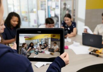 School children in class as seen through Dell 2-in-1 Chromebook 3100 camera in tablet mode.