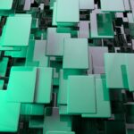 Digital illustraction of light blue/green or teal metal plates appearing in rows in an abstract format.
