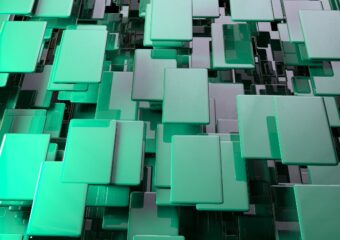 Digital illustraction of light blue/green or teal metal plates appearing in rows in an abstract format.