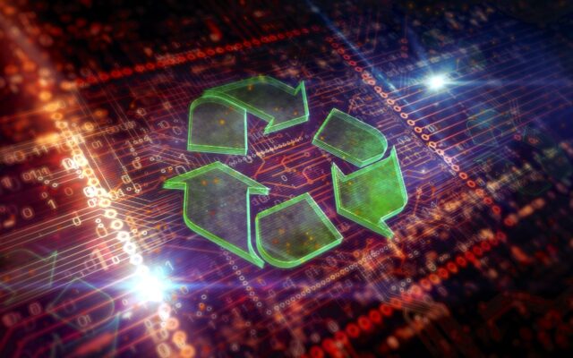 3D illustration of the green recycle logo against a technological dark red/ochre background. Representative of efforts to manage e-waste.