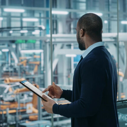A male IT professional is holding a Dell Latitude 7320 tablet while overseeing robotics operations in an automotive factory.