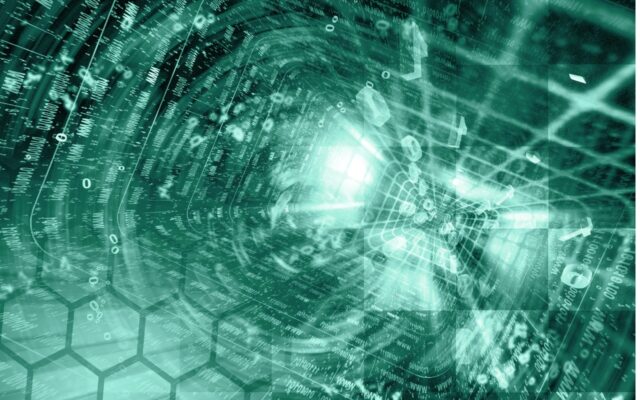Digital abstract image, tinted in green of tunnel comprised of binary code and hexagonal grid in the foreground.