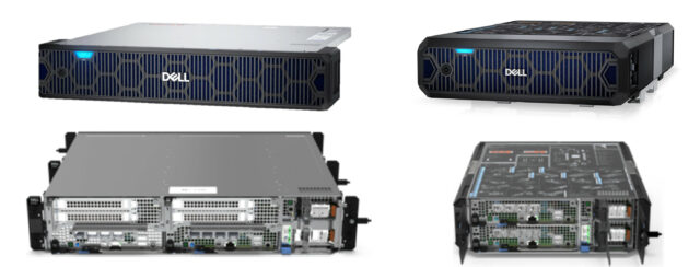 Front and rear views of the Dell PowerEdge XR4000 “rackable” (left) and “stackable” (right) Edge Optimized Servers.