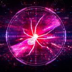 Digital illustration of a black widow spider in a circle, rendered in pink light, against a black background. Representative of security threats, advanced digital threat detection and corporate cyberscurity efforts.