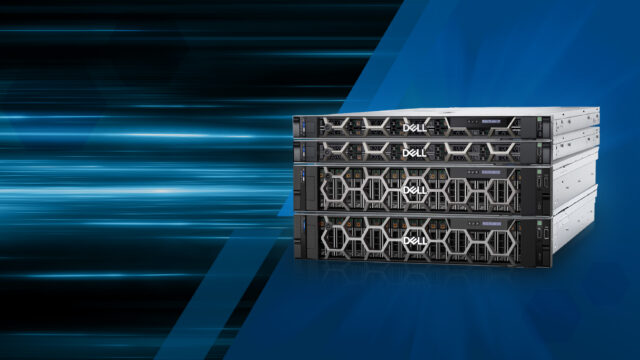 Promotional photo of Dell PowerEdge Servers powered by AMD against a stylized blue and black background. 