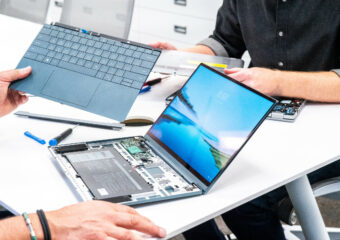 Dell Concept Luna system open for keyboard replacement.