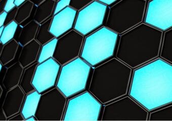 Digitally generated image of neon blue and black hexagonal pattern.