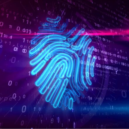 Digital image of a digital fingerprint in blue against a purple and pink shaded background, representing digital security protocols.