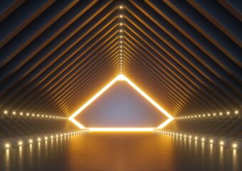 3D digital image of a futuristic corridor in a triangular shape, lit in yellow neon.