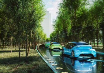 Concept art of autonomous vehicles on the road.