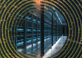 Data Center image combined with an image of crops planted in a circular rows, representing sustainability.